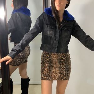 Black denim crop jacket neon blue faux fur collar